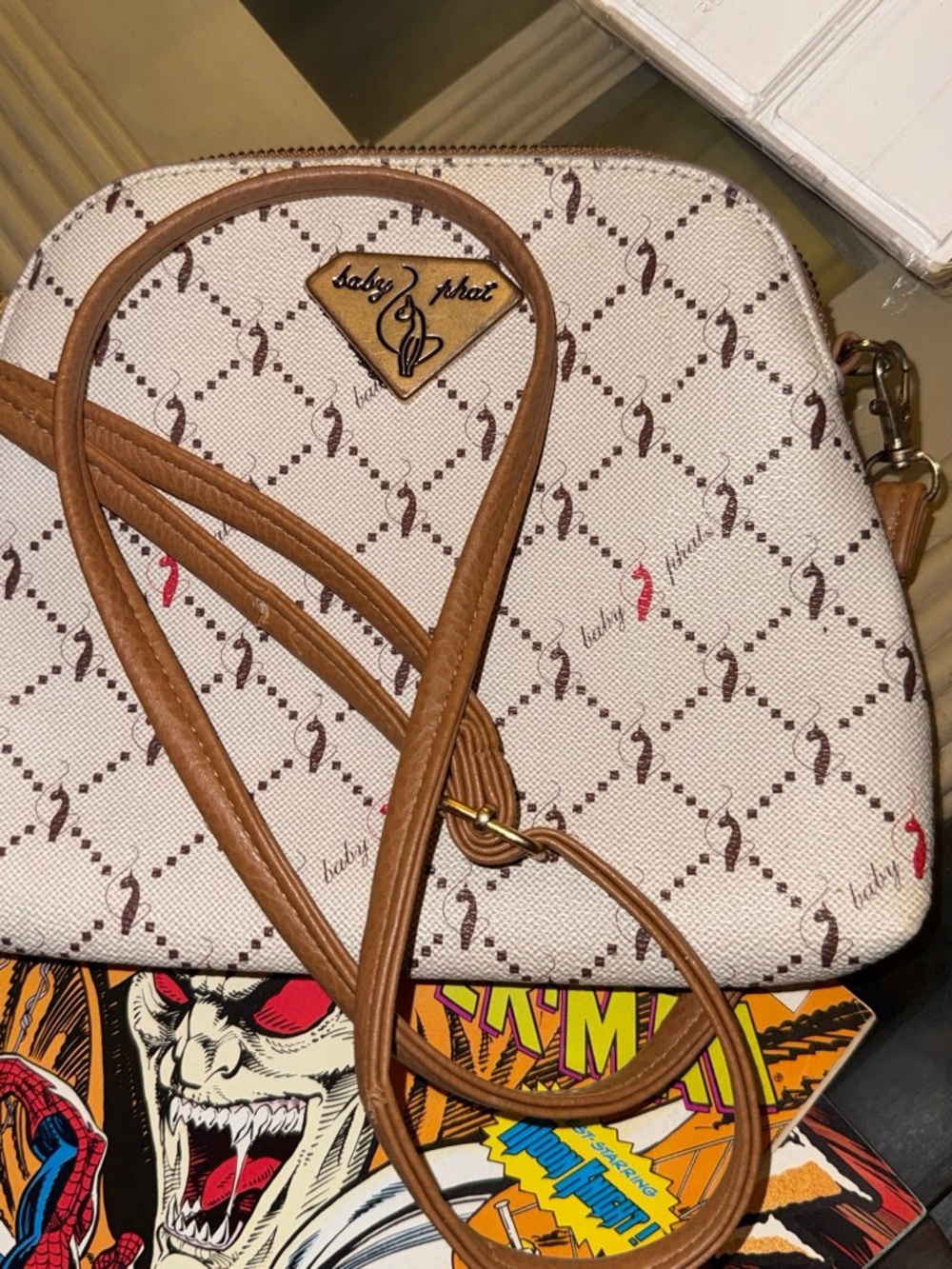 Baby Phat Cream and Tan Logo Crossbody Bag